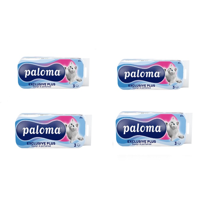 Pachet promo 4 seturi hartie igienica Paloma exclusiv plus, 3 straturi, 10 role pe set