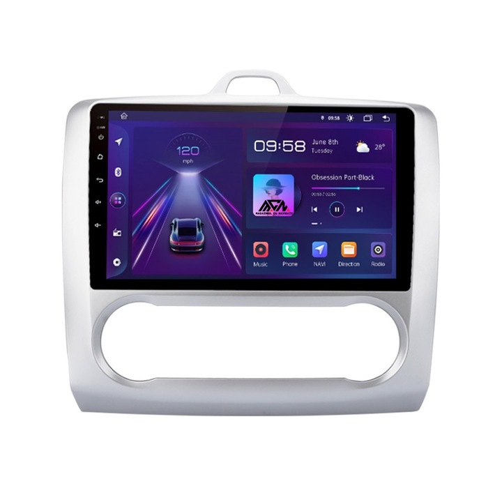 Android 11 navigáció, 9 hüvelykes képernyő, 2 GB RAM 32 GB belső memória, négymagos processzor, előre telepített térképek, kompatibilis Ford Focus 2 2004-2011 automatikus klímaszürke rendszerhez