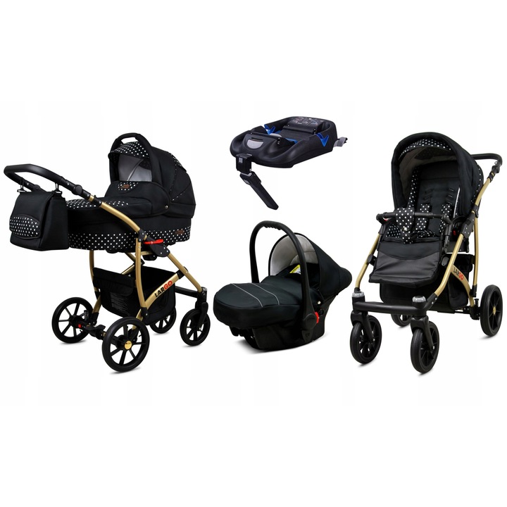 Carucior pentru copii, Baby Lux, 4 in 1, Baza Isofix, Aluminiu/Bumbac, Alb/Negru