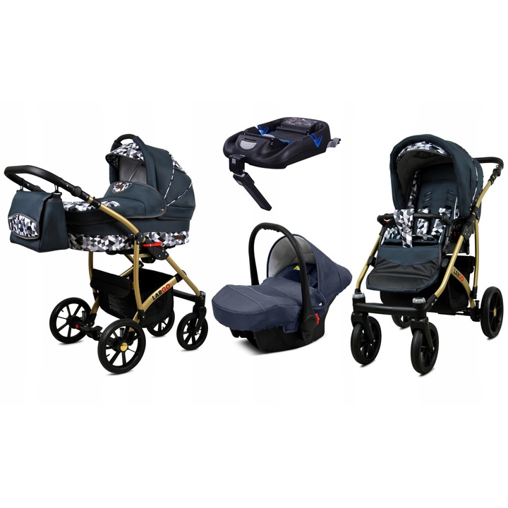 Carucior multifunctional Baby Lux Largo 4in1, Sistem complet 4 in 1: Landou, Scaun auto, Parte sport cu Baza Isofix inclusa, Cadru Aluminiu, Interior Bumbac, Siguranta si Confort superior pentru bebelus, Design Alb Negru