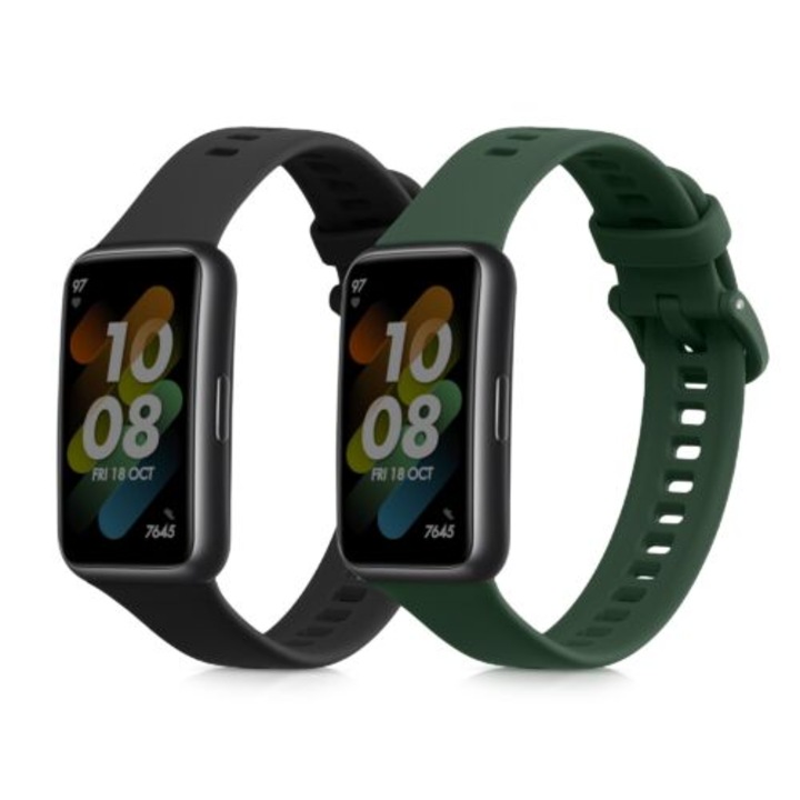 2 db Óraszíj Huawei Band 7, Kwmobile, fekete/zöld, szilikon, 58640.02