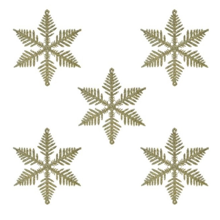 Set 5 ornamente pentru bradul de Craciun, fulg de nea, sampanie, 10 x 10 cm