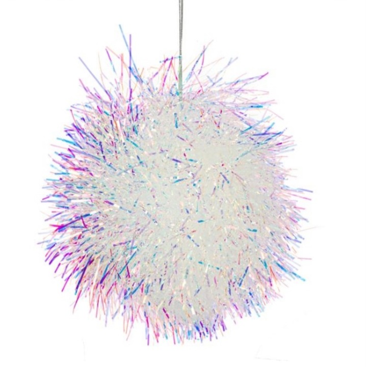 Set 4 ornamente pentru bradul de Craciun, rotund, holografic, alb, 10 cm