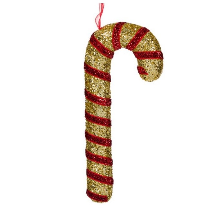 Set 4 ornamente pentru bradul de Craciun, bastonas, cu sclipici, auriu/rosu, 17 cm