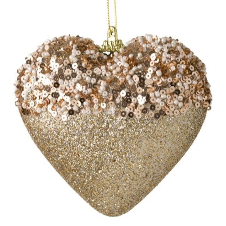 Set 4 ornamente pentru bradul de Craciun, inima, cu paiete si margele, sampanie, 11 cm