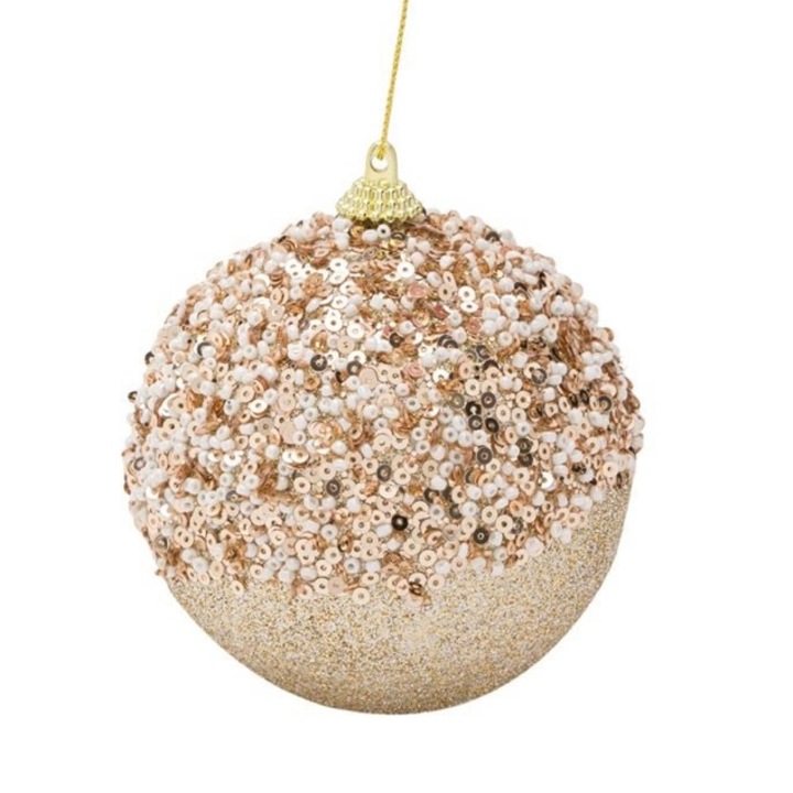 Set 4 globuri pentru bradul de Craciun, paiete, margele, sampanie, 9 cm