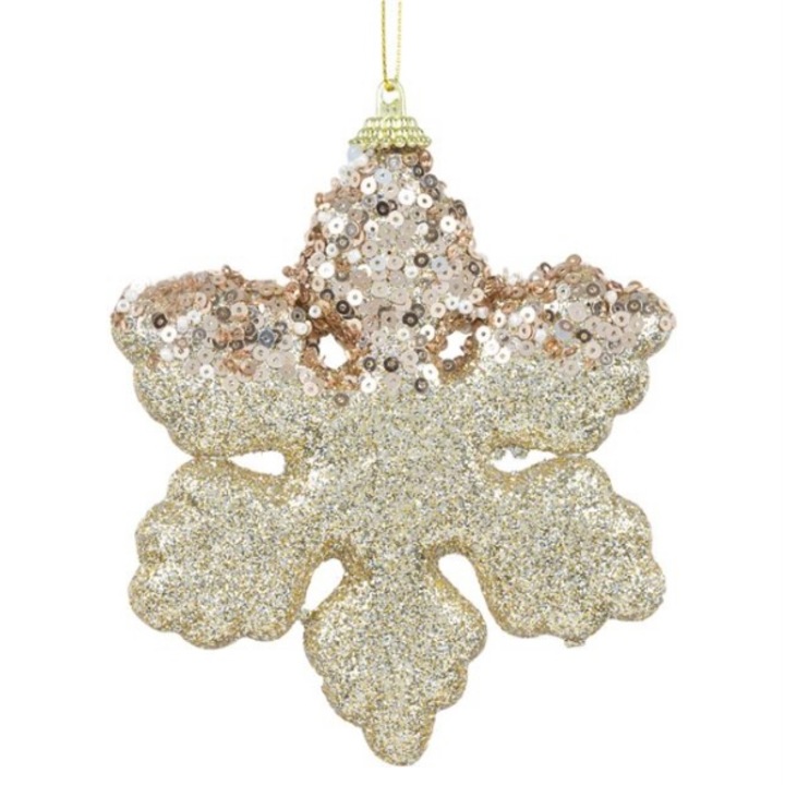 Set 4 ornamente pentru bradul de Craciun, fulg de nea, sampanie, cu paiete si margele,12 cm