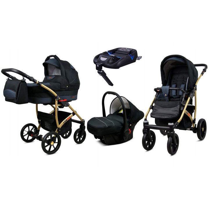 Carucior pentru copii Baby Lux Largo 4 in 1 complet, sistem modular cu landou, parte sport, scaun auto 0-13kg cu baza Isofix, roti pivotante, suspensie moale, cadru aluminiu, negru
