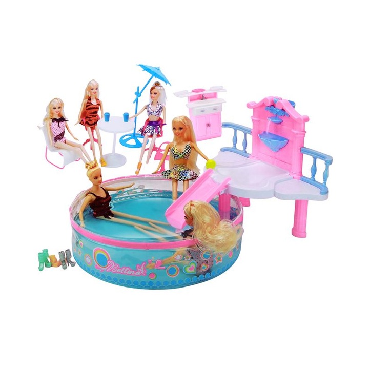 Комплект кукли с аксесоари Betty, 6 кукли, Басейн, Маса, Столове, Чадър, Пластмаса, 3+ години, Розов/Син