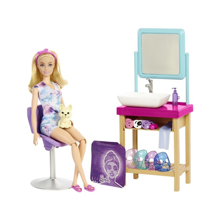 Кукла Barbie, Кученце, Спа салон, Маски за лице, Маски за очи, Козметична тоалетка, Аксесоари, Пластмаса, 3+ години, Многоцветен