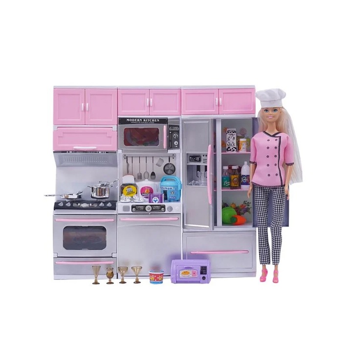 Кукла Betty, Кухня, Хладилник, Аксесоари, Пластмаса, 3+ години, Розов/Сив