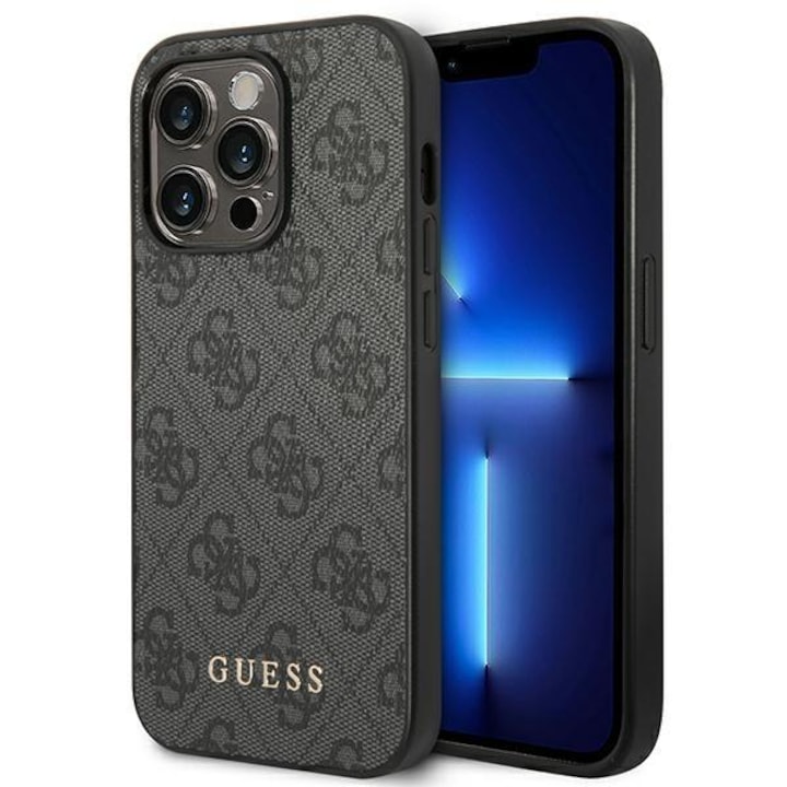 Husa Guess GUHCP14LG4GFGR compatibila cu iPhone 14 Pro, 4G Metal Gold Logo, Gri