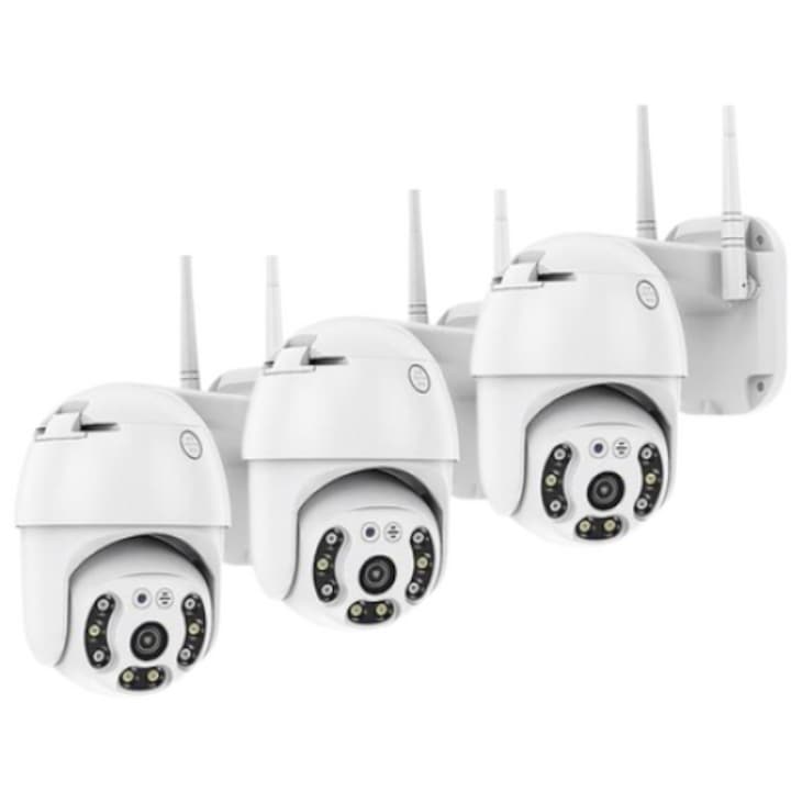 Dome kültéri kamerakészlet, 3 MP, 8 LED, kétirányú audio, Wi-Fi csatlakozás, éjszakai látás, mozgásérzékelés, riasztó, IP66, 3 db, fehér/fekete