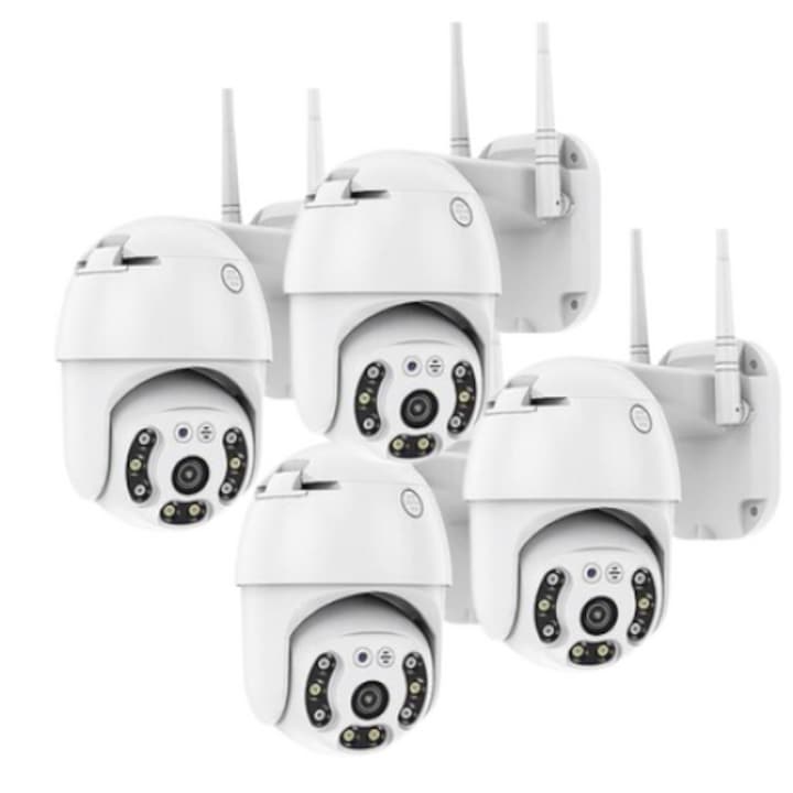 Dome kültéri kamerakészlet, 3 MP, 8 LED, kétirányú audio, Wi-Fi csatlakozás, éjszakai látás, mozgásérzékelés, riasztó, IP66, 4 db, fehér/fekete