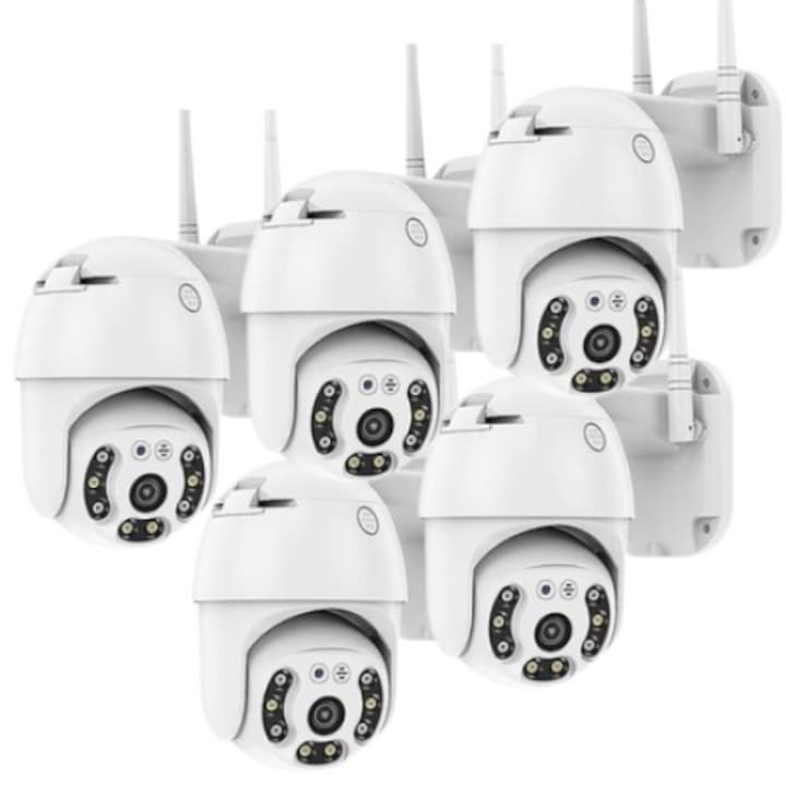 Dome kültéri kamerakészlet, 3 MP, 8 LED, kétirányú audio, Wi-Fi csatlakozás, éjszakai látás, mozgásérzékelés, riasztó, IP66, 5 db, fehér/fekete