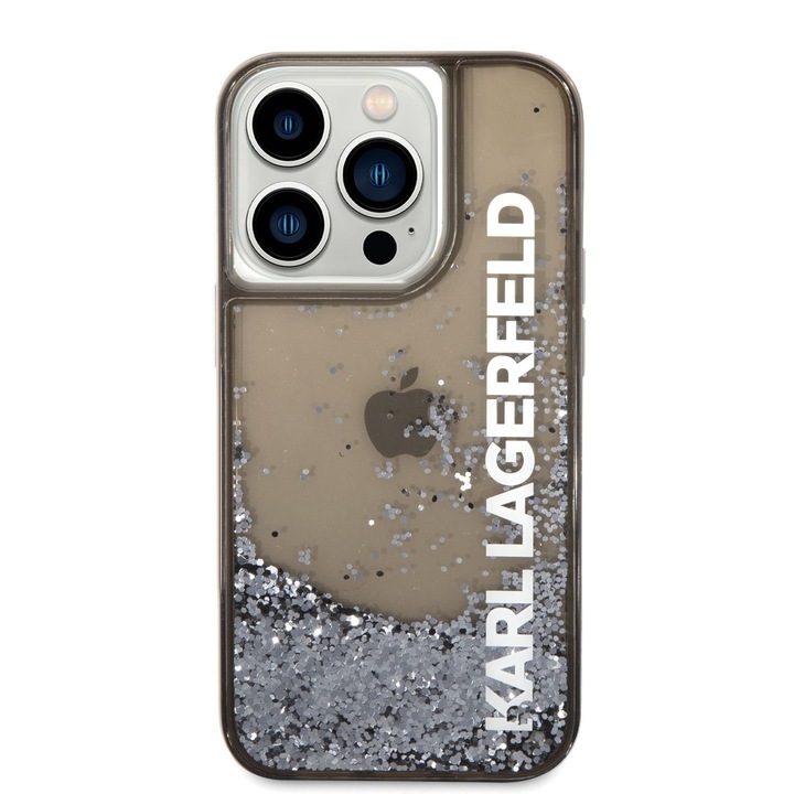 Кейс Karl Lagerfeld, За iPhone 14 Pro Max, Течен брокат, Полупрозрачен, Пластмаса, Черен