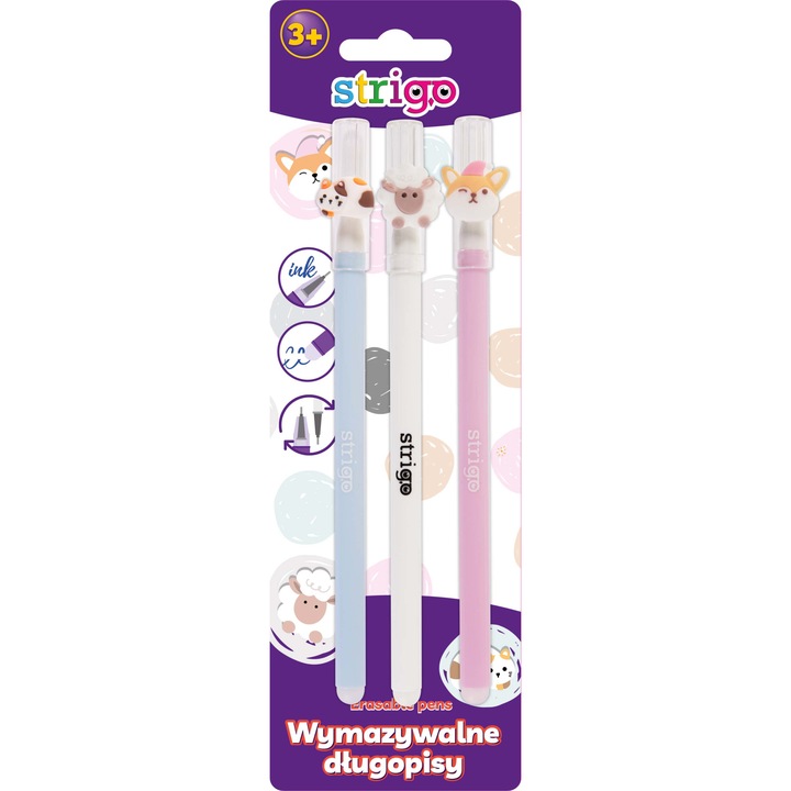 Комплект от 3 химикалки, Strigo, Pets, с функция за изтриване, синьо мастило