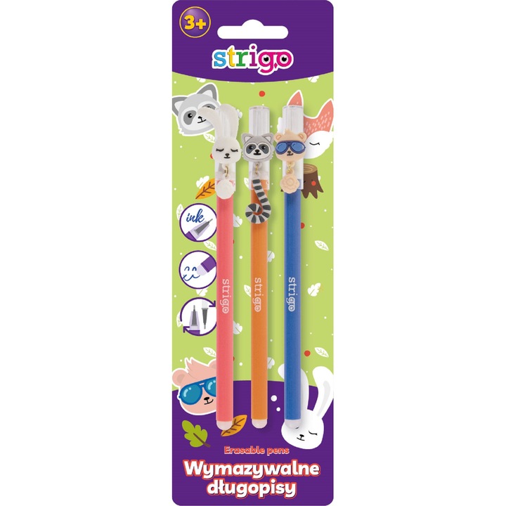 Комплект от 3 химикалки, Strigo, Forest Heroes, с функция за изтриване, синьо мастило