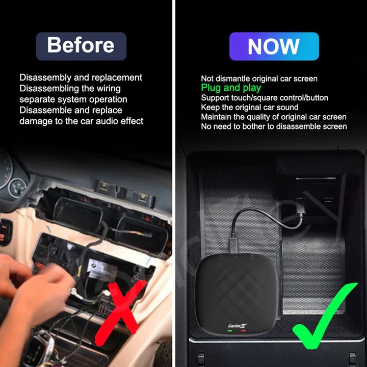 Adaptor CarlinKit AI T-Box Mini, sistem operare Android 11, SIM 4G, 32GB memorie interna, Bluetooth, Wi-Fi, compatibil Wireless Android Auto si Apple Carplay