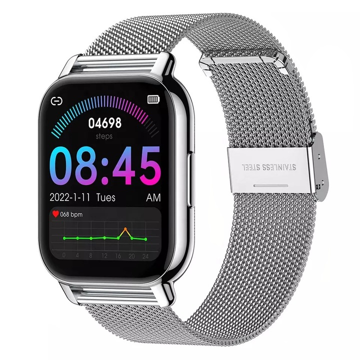 Ceas Smartwatch Niki Pro6, Display 1.85” HD Full Touch, Apelare Bluetooth, Oximetru SpO2, Monitorizare Ritm Cardiac, 24 Functii Sport, Notificari Retele Sociale, Monitorizare Somn, Music Player, Extra Curea Silicon, Silver Gray