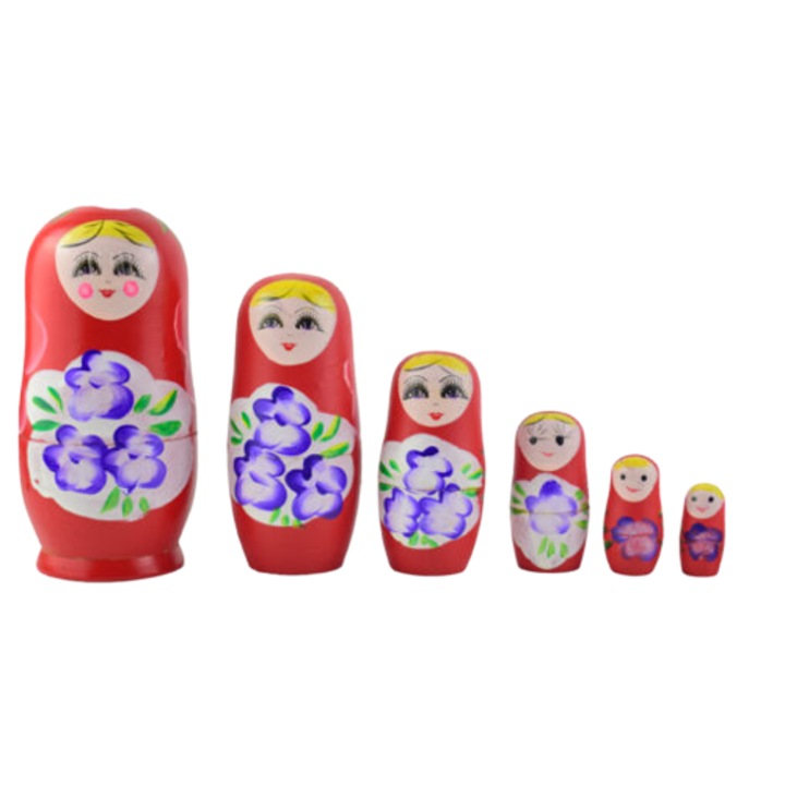 Set 6 papusi Matrioska din lemn pictate manual cu vopsele non toxice 15X8 cm