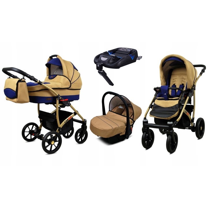 Carucior multifunctional copii BabyLux Largo 4in1 complet cu scaun auto, Baza Isofix inclusa, structura din aluminiu, tesaturi bumbac, Bej si Albastru, sistem de suspensie moale, maner reglabil, centuri de siguranta 5 puncte, roti pivotante