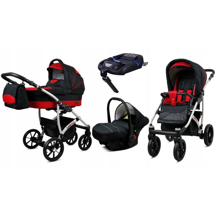 Carucior pentru copii, Baby Lux, 4 in 1, Baza Isofix, Aluminiu/Bumbac, Negru/Rosu