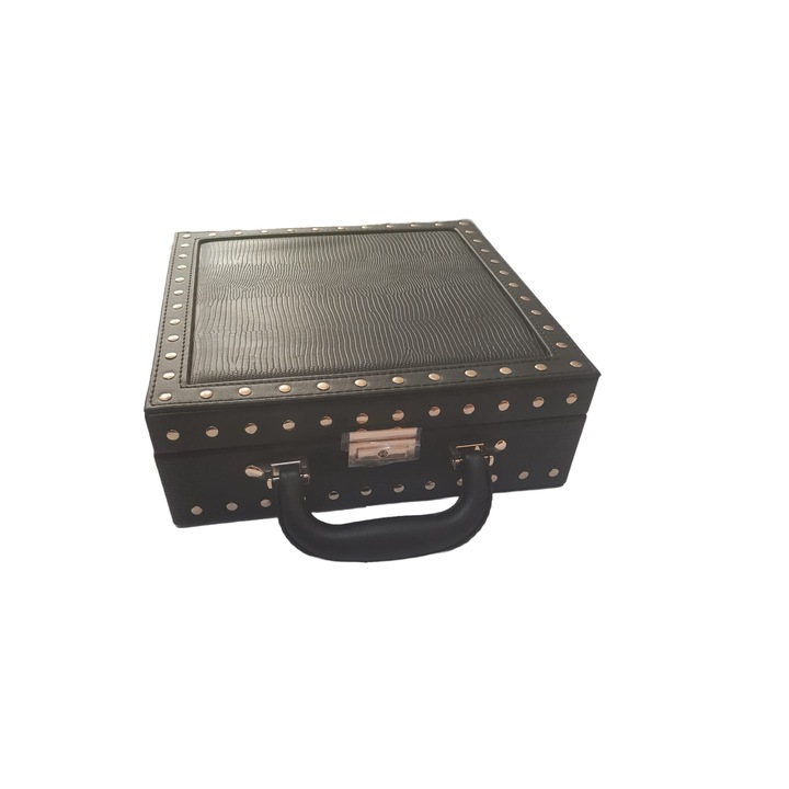 Ékszerdoboz, ökológiai bőr, fekete, bársonyos belső, 26 cm x 26 cm, R14-14