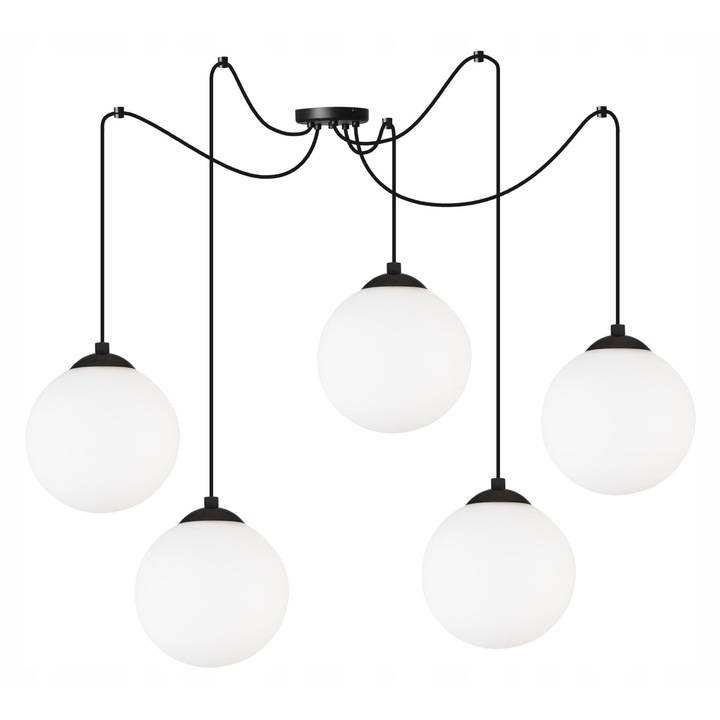 Plafoniera suspendata, Light Home, Florence, reglabile, Lungime 200 cm, Latime 15 cm, Abajur 15 cm, E27, 5 punct de lumina, sticla, Alb/Negru