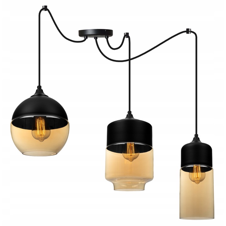 Lustra spider, Light Home, Oslo, 3 puncte de lumina, E27, 230V, 60W, 200cm, Clasa A, LED, Sticla, Auriu/Negru