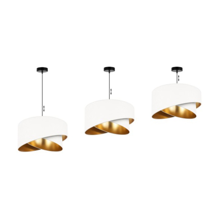 Plafoniera suspendata cu abajur, Light Home, Mediolan, reglabile, Lungime 100 cm, Latime 45 cm, Abajur 45 cm, E27, 1 punct de lumina, material textil, Alb/Negru/Auriu