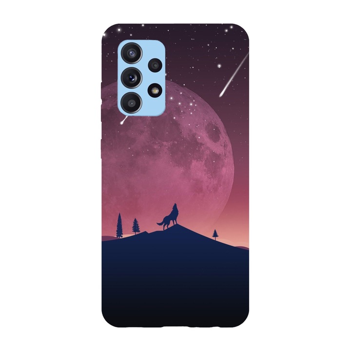 Husa compatibila cu Samsung Galaxy A72 model Minimalistic wolf howling at moon, Silicon, TPU, Viceversa