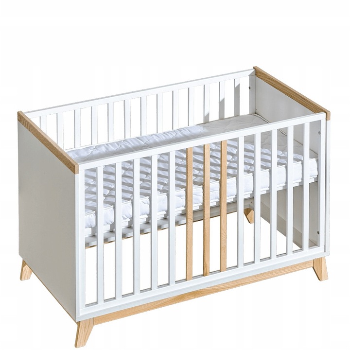 Pat de copil cu saltea, Nordik, Lemn, 120x60 cm, Alb