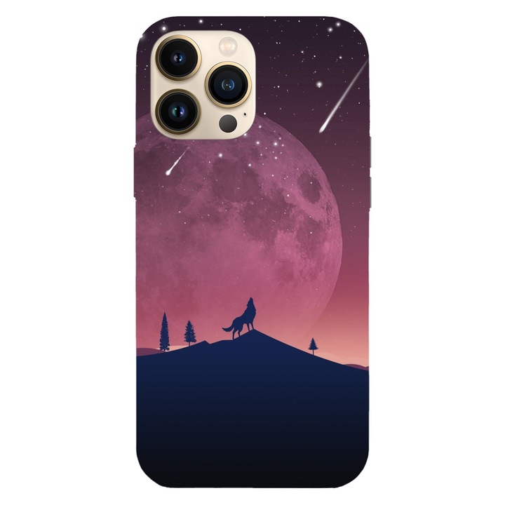 Husa compatibila cu Apple iPhone 15 Pro Max model Minimalistic wolf howling at moon, Silicon, TPU, Viceversa