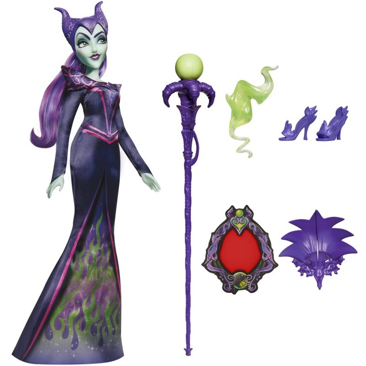 Papusa Hasbro, Disney Villains, Maleficent cu haine detasabile si accesorii incluse, 28 cm