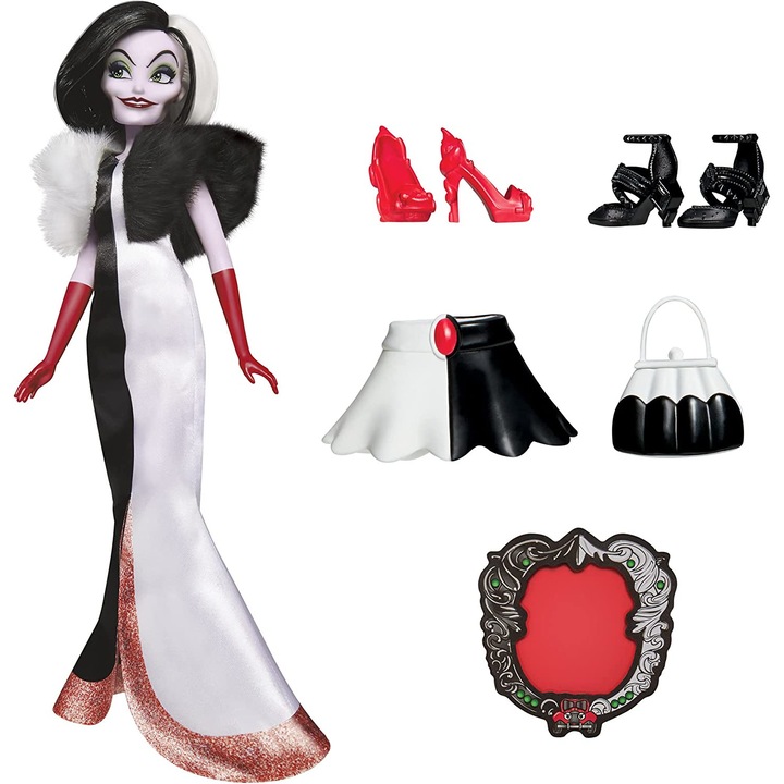 Papusa Hasbro, Disney Villains Cruella De Vil cu haine detasabile si accesorii incluse, 28 cm