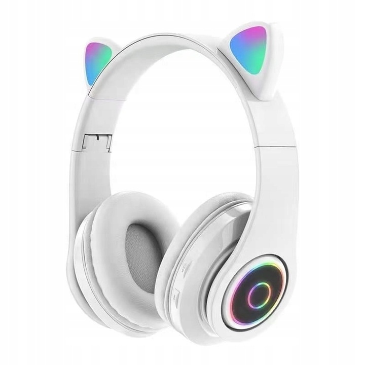 Безжични слушалки за деца, Bluetooth, модел Котешки уши, LED, бели