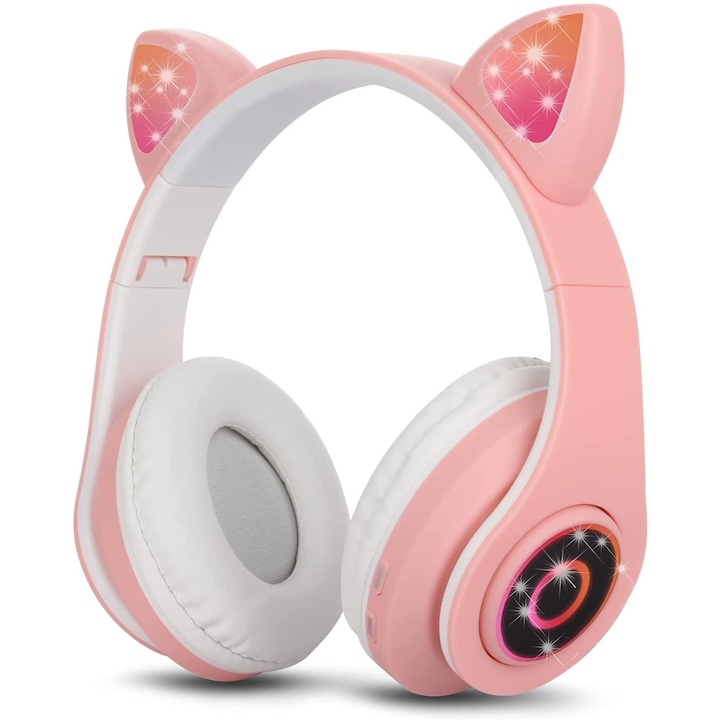 Безжични слушалки за деца, Bluetooth, модел Котешки уши, LED, розови/бели
