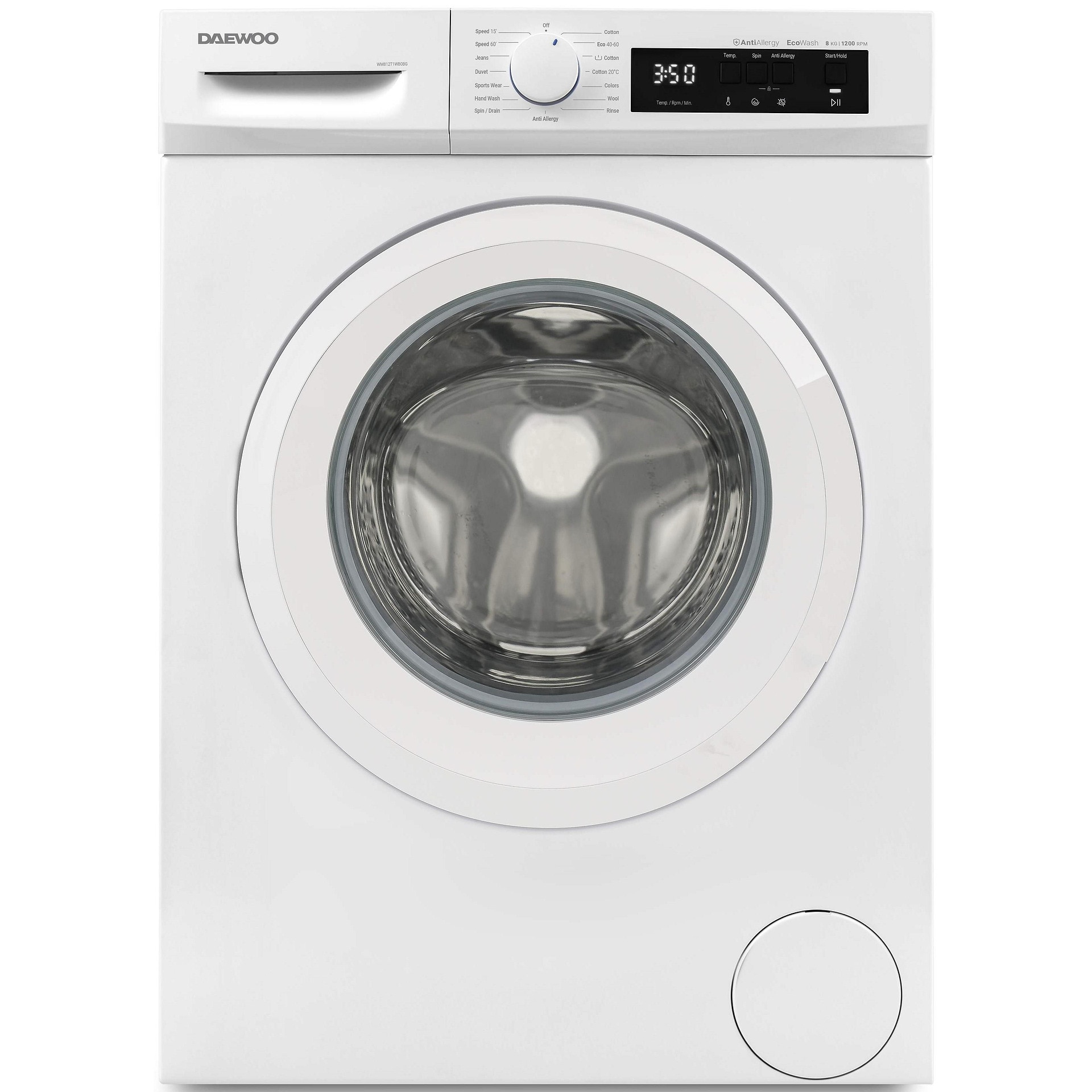 Masina de spalat rufe Daewoo WM812T1WB0BG, 1200 rpm, 8 kg, Clasa B, Alba, Pornire intarziata