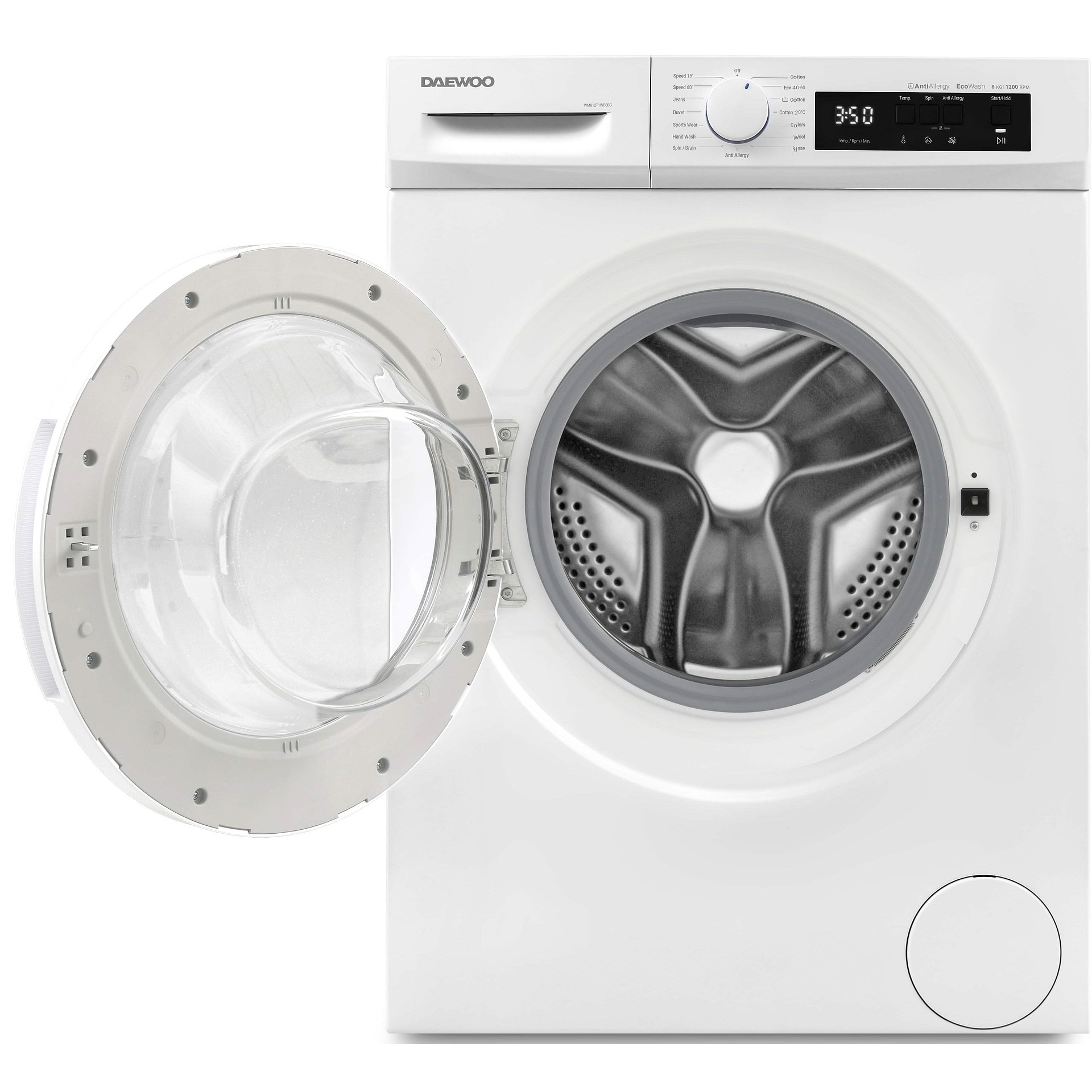 Masina de spalat rufe Daewoo WM812T1WB0BG, 1200 rpm, 8 kg, Clasa B, Alba, Pornire intarziata