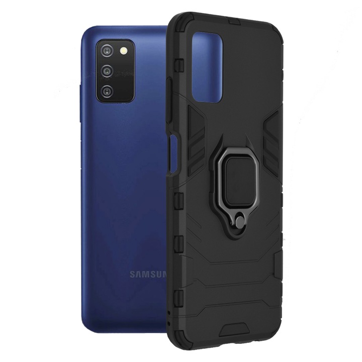 AZIAO Armor Ring tok Samsung Galaxy A03s készülékhez, Army Shield, hibrid szerkezet, 360°-os mágneses tartógyűrű, masszív, tartós tok, titán fekete