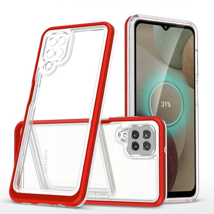Калъф за телефон Hybrid Armor 3в1, Hurtel, акрил/поликарбонат/TPU, съвместим с Samsung Galaxy A12, прозрачен/червен