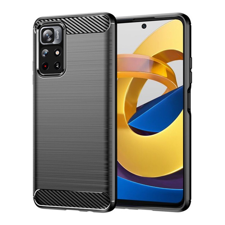 AZIAO Carbon Resistance Case за Xiaomi Poco M4 Pro 5G, TPU по-добра защита, Fiber Design, Anti-Shock Optimization, Long Term Case, Titanium Black