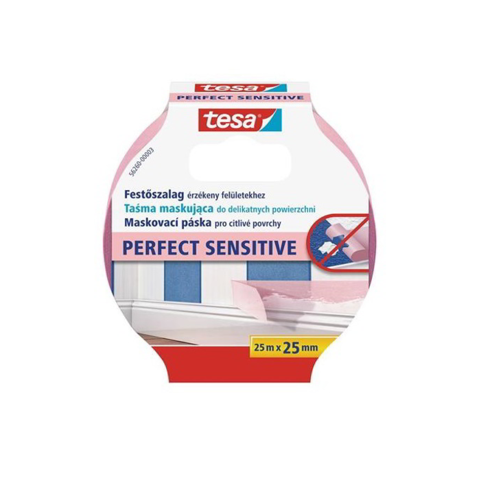 Banda profesionala pentru vopsit si mascare pentru suprafete sensibile, Tesa, 25 mm × 5 m, Roz