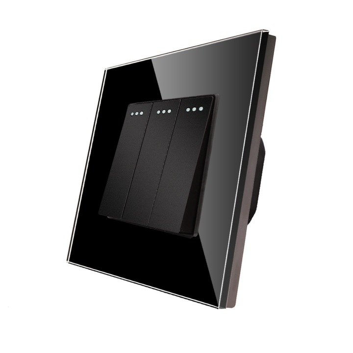 Intrerupator Triplu Cap Scara Mecanic LUXION cu Rama din Sticla, Negru, LX-MP007GF-B