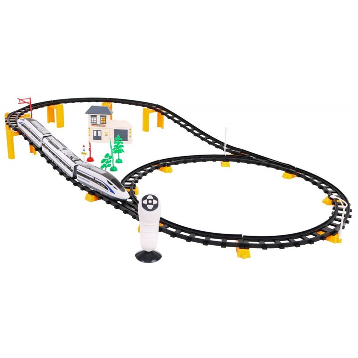 Играчка Комплект електрически влак, ExpressTrain, с дистанционно управление, Дистанционно управление, Включва 52 части, със станция и елементи за декорация, движение напред/назад, звукови и светлинни ефекти, Indiggo, 3 години, бяло/черно