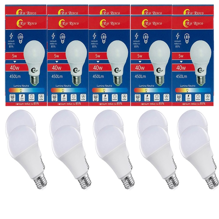 10 db LED izzó készlet RIF REFCO ® 5W, 450 lumen, A+, E27, 6500k