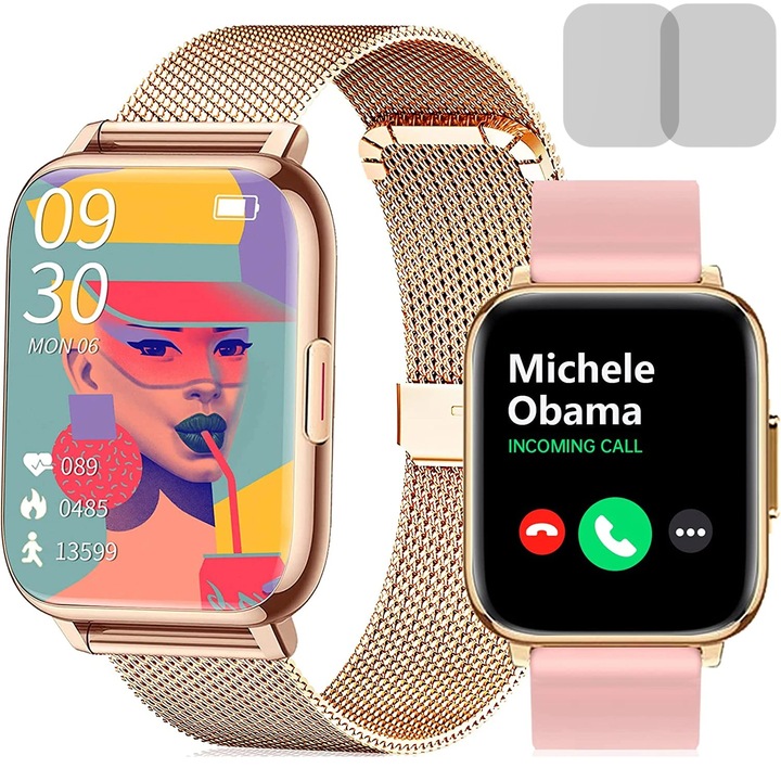 Часовник Smartwatch ViBE™ WATCH Bluetooth HD обаждане, 1.69” Borderless Intens Vision, 24/7 Fitness Tracker, Мониторинг на сърдечната честота, съня, SpO2, Управление на музика/камера, Метален и силиконов колан, Lunar Gold Edition