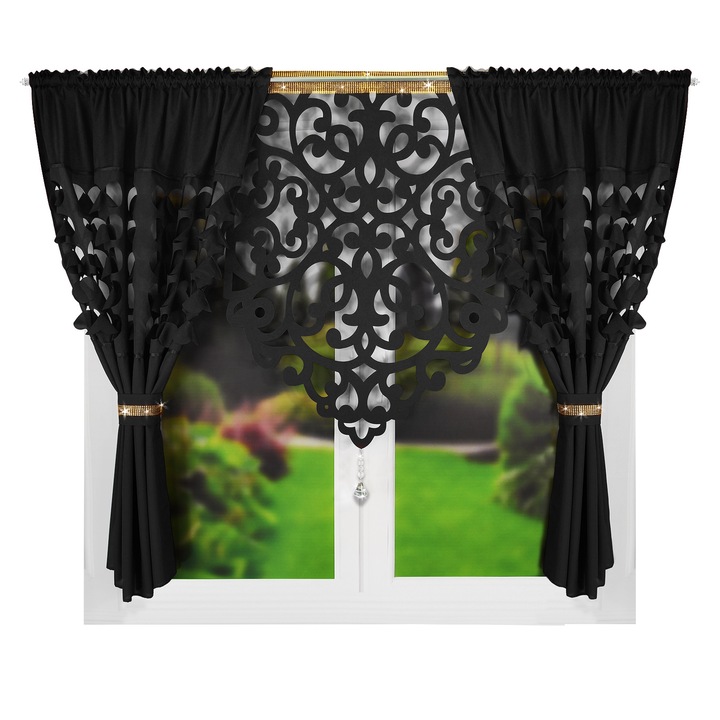 Készre varrt függöny dekoratív, 380 x 160 cm, Fekete