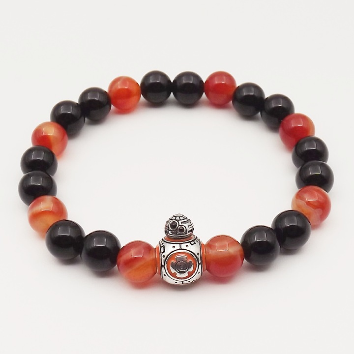 Csillagok háborúja inspirálta ónix és achát ásvány karkötő BB-8-tel-19 cm